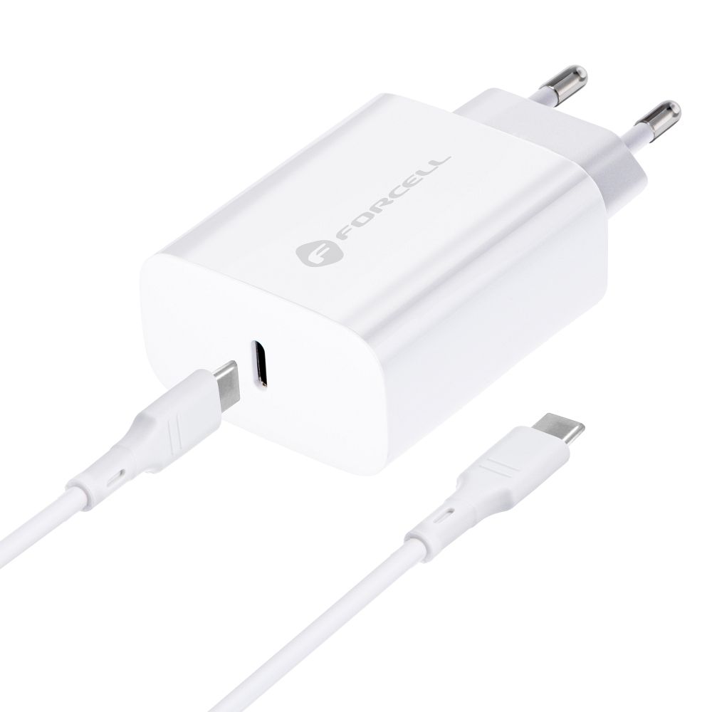 Uzlādes adapteris FORCELL F-ENERGY TFK-TC-25WPD travel charger Type C + cable Type C to Type C PD Q.C 3A 25W white — attēls 2