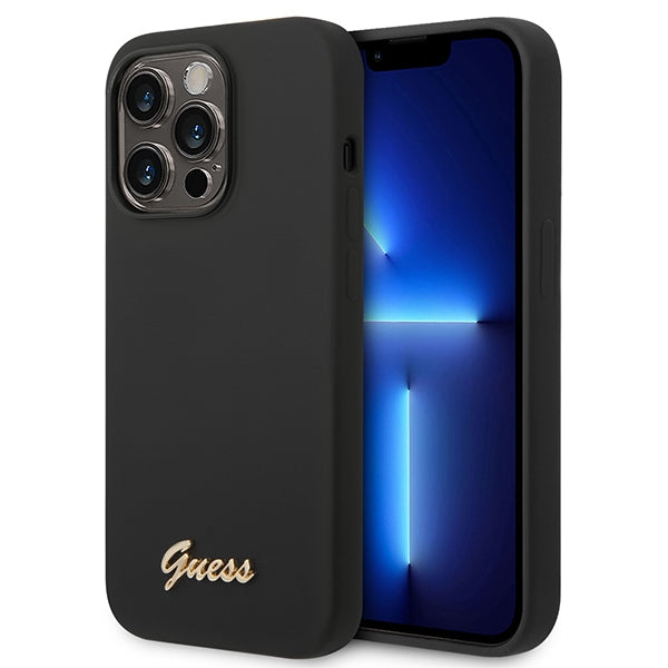 Aizsargvāciņš iPhone 14 Pro Max 6.7" black/black hard case Silicone Vintage Gold Logo – Guess GUHCP14XSLSMK