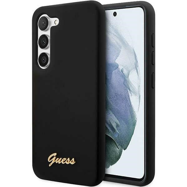 Aizsargvāciņš Samsung Galaxy S23 – Guess GUHCS23SSLSMK black/black hardcase Silicone Vintage Gold Logo (S911)