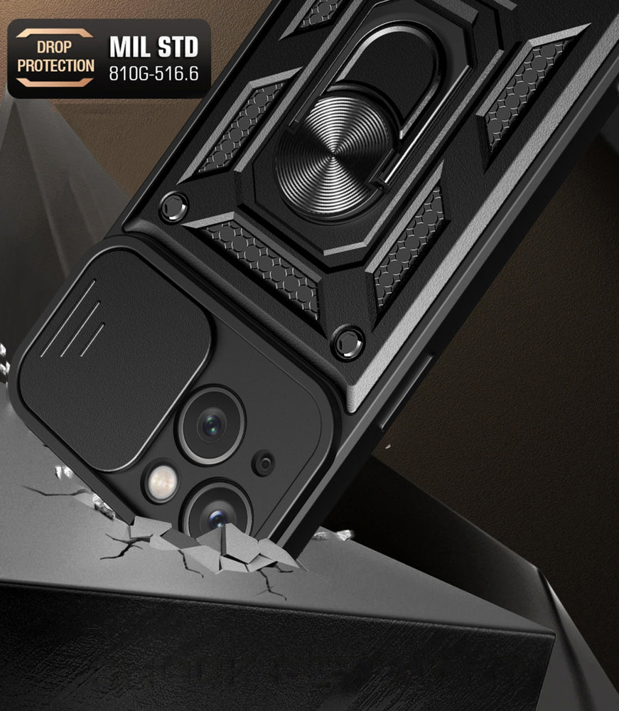 Aizsargvāciņš iPhone 15 Plus – Hybrid Armor Camshield with Stand and Camera, melns — attēls 2