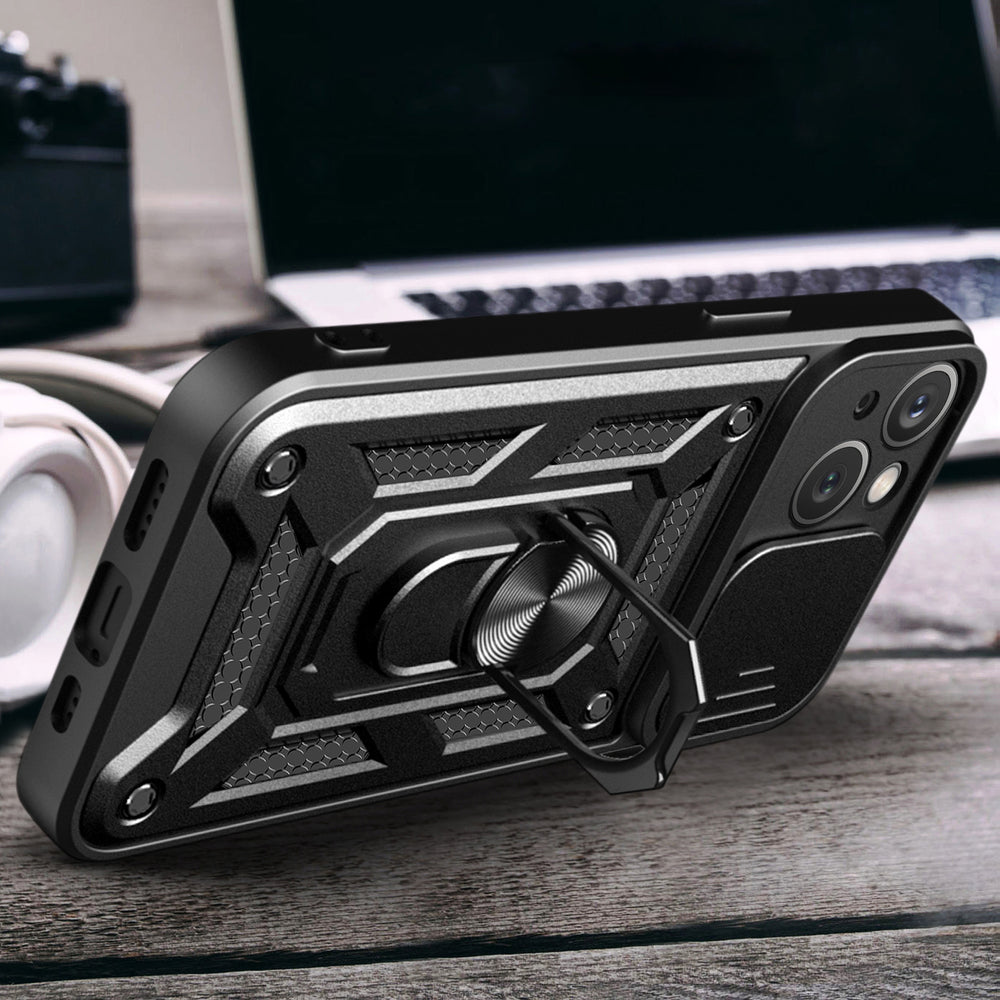 Aizsargvāciņš iPhone 15 Plus – Hybrid Armor Camshield with Stand and Camera, melns — attēls 4