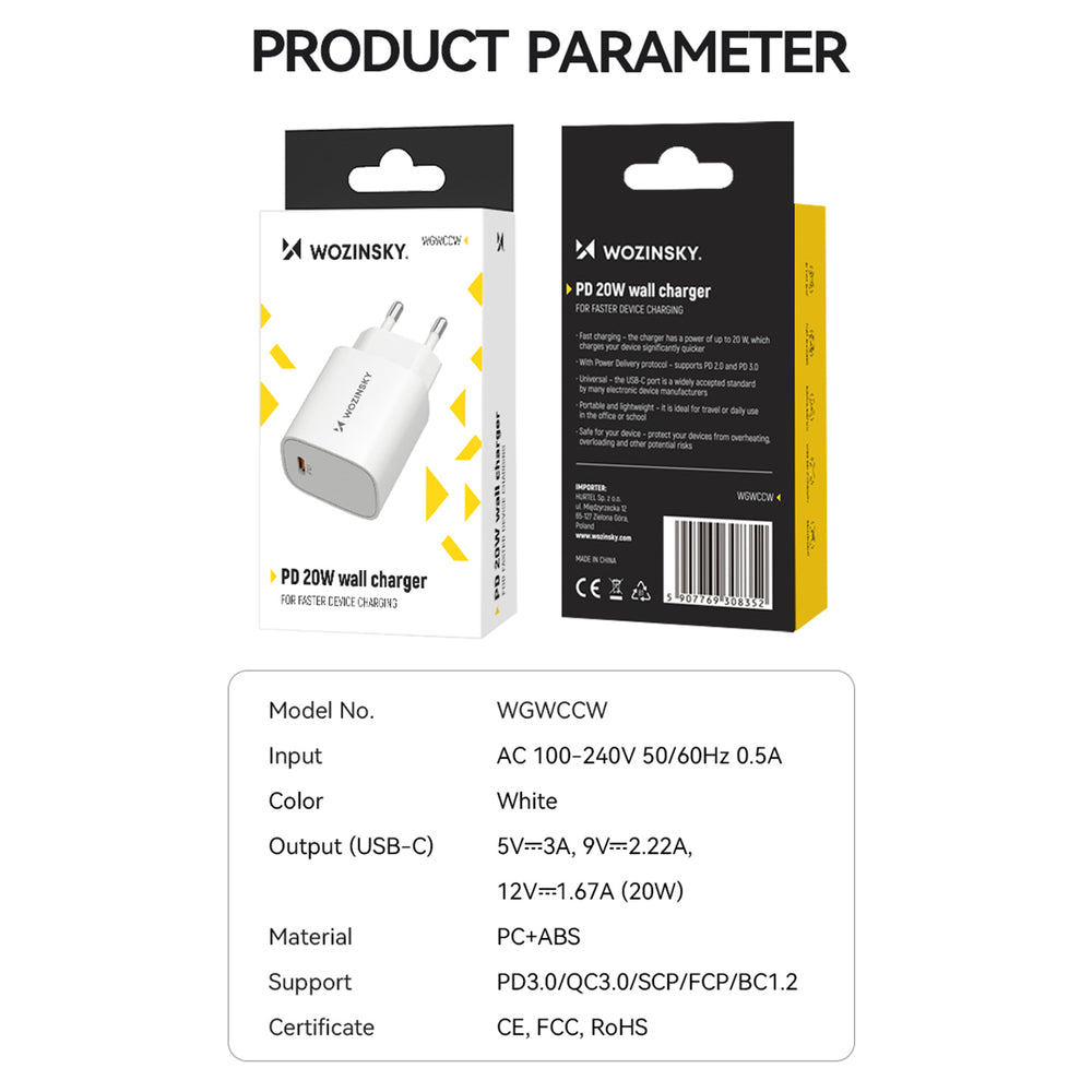 Wozinsky WGWCCW USB-C sienas lādētājs 20 W PD/QC, balts
