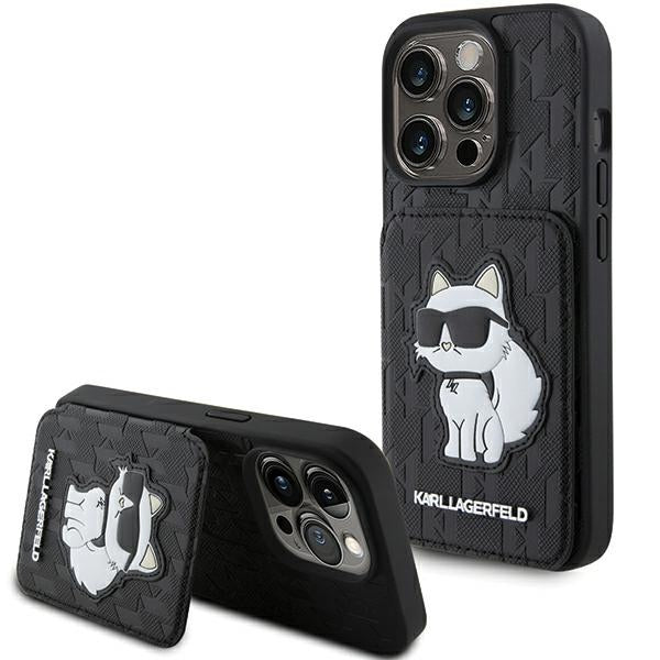 Aizsargvāciņš iPhone 15 Pro – Karl Lagerfeld Saffiano Cardslots and Stand Monogram Choupette, melns
