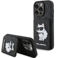 Aizsargvāciņš iPhone 15 Pro – Karl Lagerfeld Saffiano Cardslots and Stand Monogram Choupette, melns