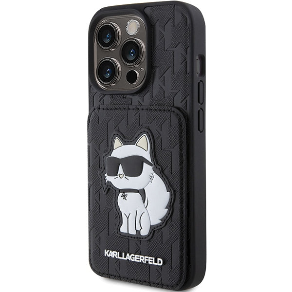 Aizsargvāciņš iPhone 15 Pro – Karl Lagerfeld Saffiano Cardslots and Stand Monogram Choupette, melns — attēls 2