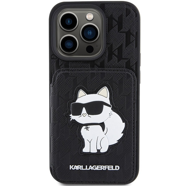 Aizsargvāciņš iPhone 15 Pro – Karl Lagerfeld Saffiano Cardslots and Stand Monogram Choupette, melns — attēls 3