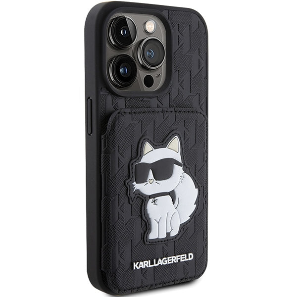 Aizsargvāciņš iPhone 15 Pro – Karl Lagerfeld Saffiano Cardslots and Stand Monogram Choupette, melns — attēls 4
