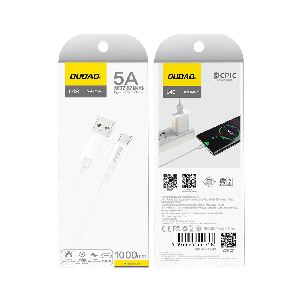 Kabelis Dudao L4ST USB-A / USB-C cable 2A 1m - white — attēls 2
