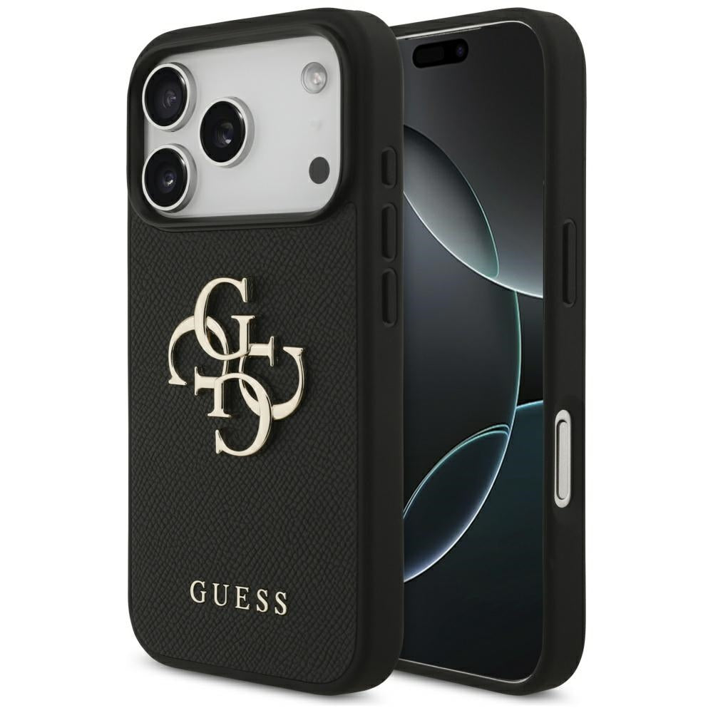 Aizsargvāciņš iPhone 17 Pro – Guess Grained Big 4G & Classic Logo, melns