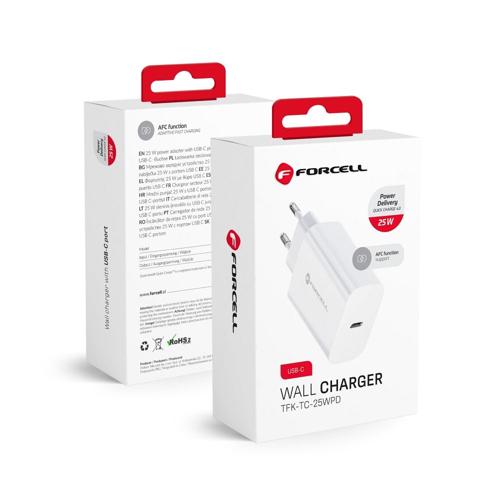 Uzlādes adapteris FORCELL F-ENERGY TFK-TC-25WPD travel charger Type C PD QC4.0 3A 25W white