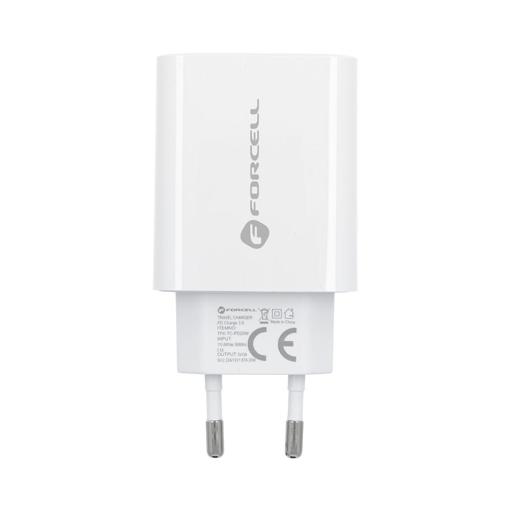 Uzlādes adapteris FORCELL F-ENERGY TFK-TC-20WPD travel charger Type C + cable Type C to Lightning PD QC4.0 3A 20W white — attēls 2