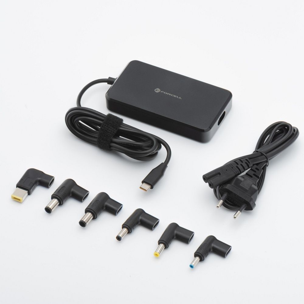 Forcell F-Energy E856 USB-C PD 65 W portatīvā datora lādētājs ar 6 uzgaļiem, melns