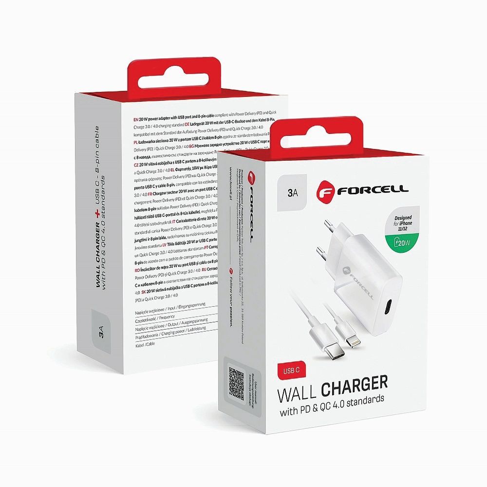 Uzlādes adapteris FORCELL F-ENERGY TFK-TC-20WPD travel charger Type C + cable Type C to Lightning PD QC4.0 3A 20W white