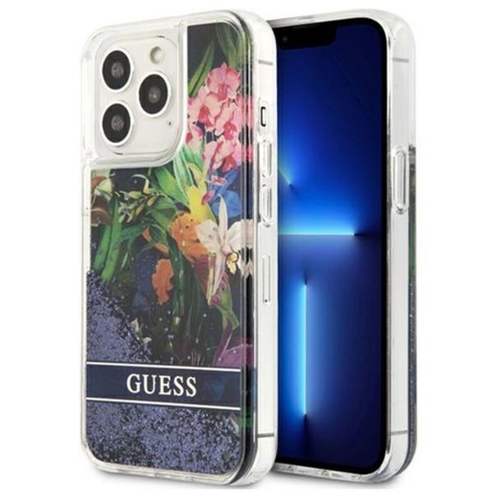 Aizsargvāciņš iPhone 13 PRO MAX – Original faceplate GUESS GUHCP13XLFLSB (Glitter Flower / blue)