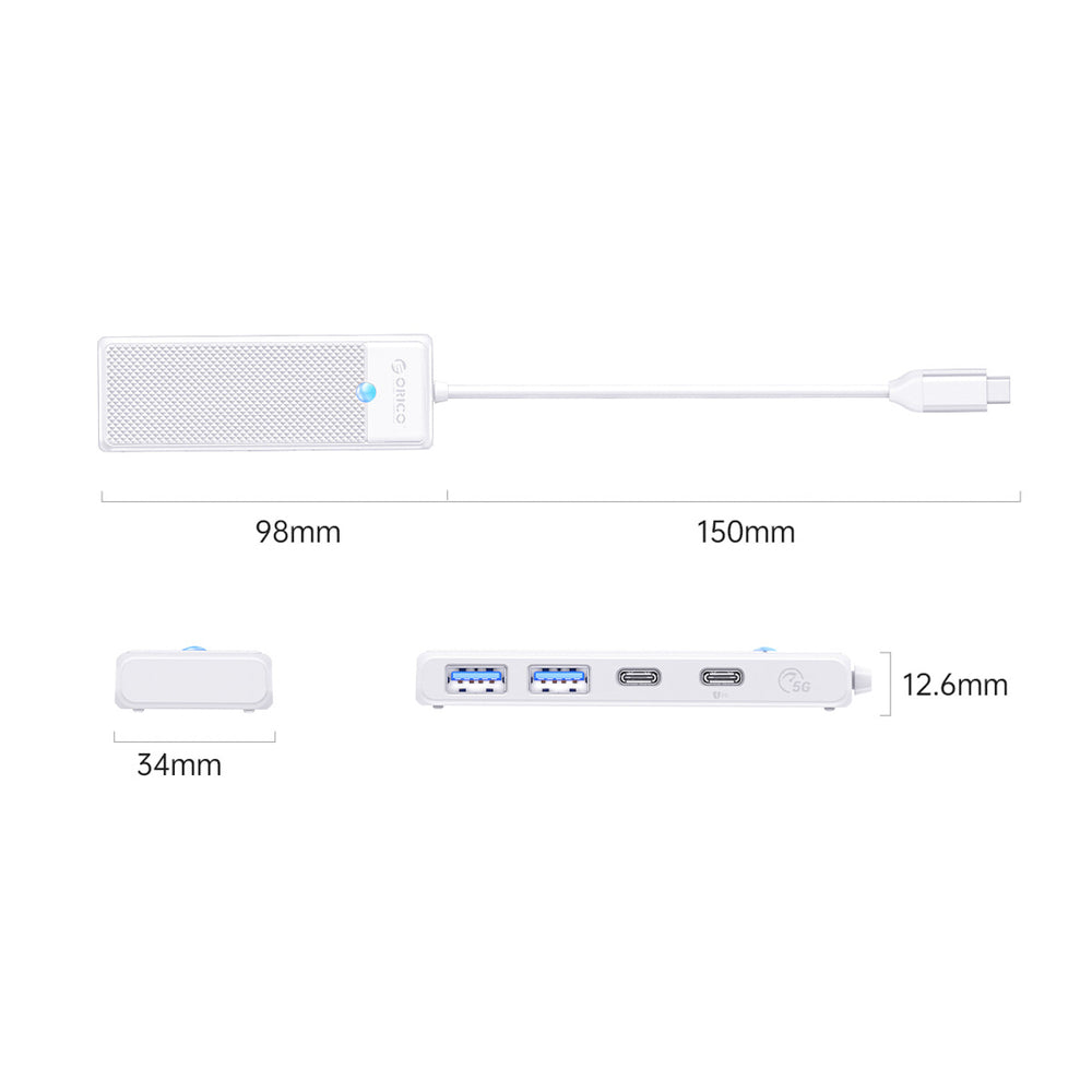 Orico PAPW2AC-C3 USB centrmezgls, 4 pieslēgvietas, USB-C PD 100 W, 0,15 m, balts