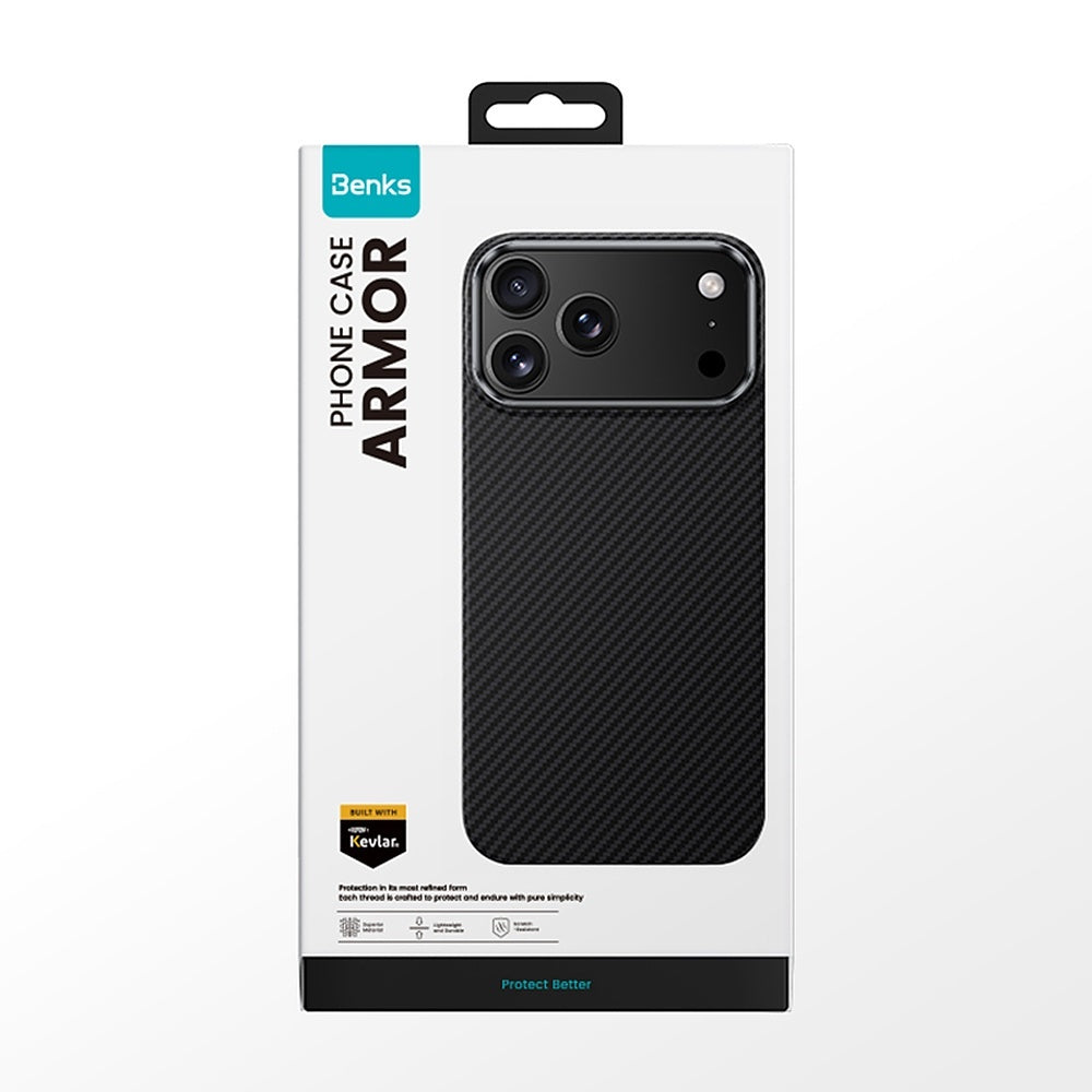 Aizsargvāciņš iPhone 17 – Benks ArmorAir Kevlar 600D ar metāla rāmi, melns