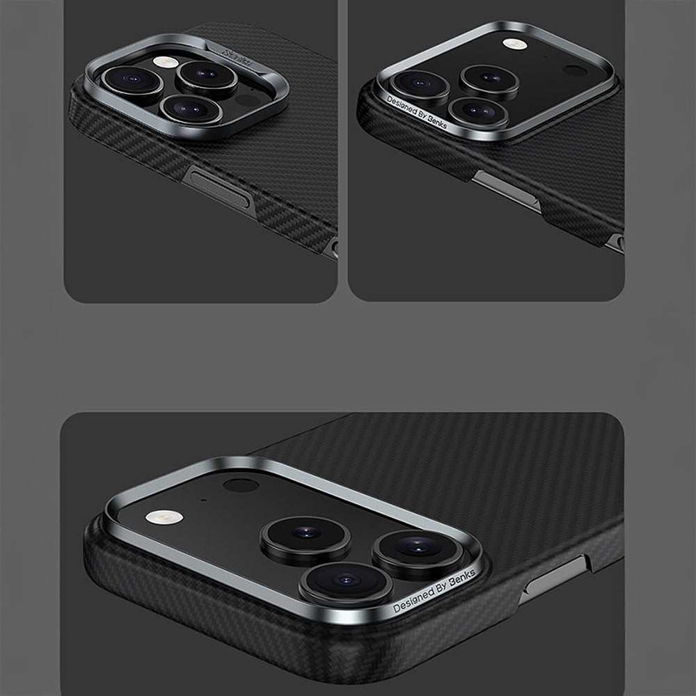 Aizsargvāciņš iPhone 17 – Benks ArmorAir Kevlar 600D ar metāla rāmi, melns