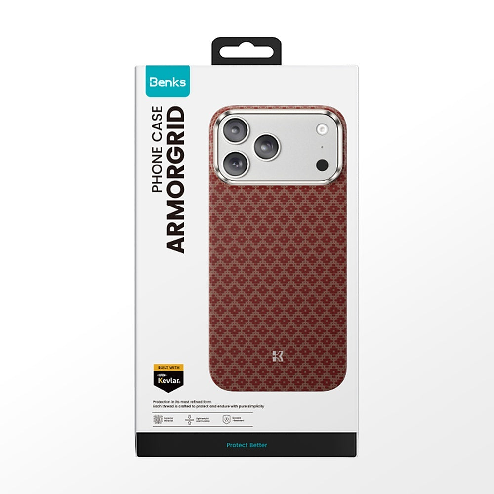 Aizsargvāciņš iPhone 17 Pro/18 Pro – Benks ArmorGrid Kevlar 600D ar metāla rāmi, oranžs