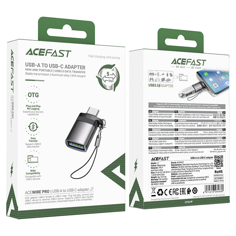 Acefast J7 USB-A uz USB-C pāreja, pelēka
