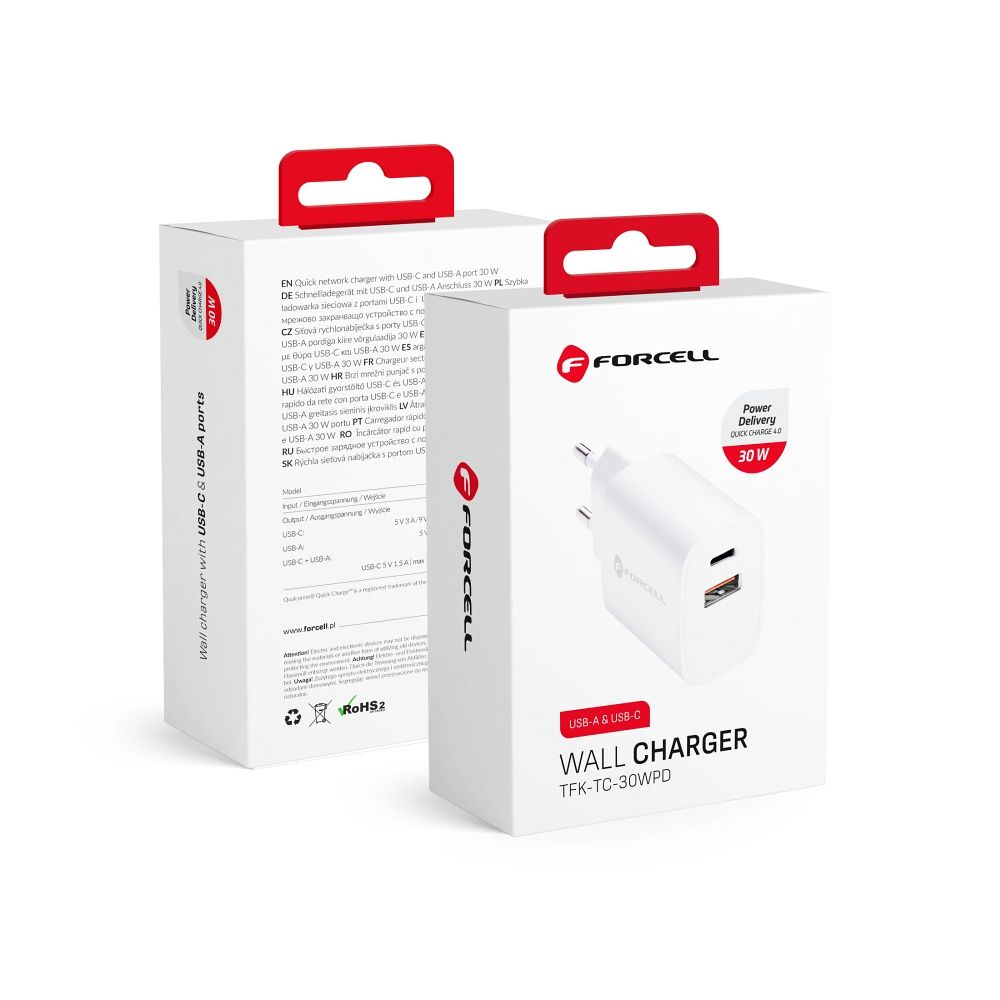 Uzlādes adapteris FORCELL F-ENERGY TFK-TC-30WPD travel charger Type C + USB A PD QC4.0 3A 30W white