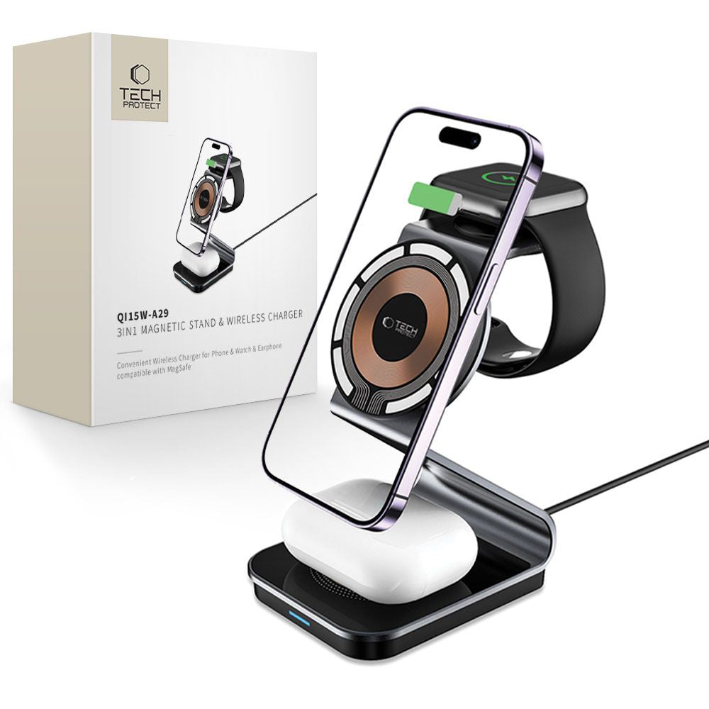 Tech-Protect QI15W-A29 3-in-1 MagSafe bezvadu lādētājs telefonam, Apple Watch un austiņām, melns