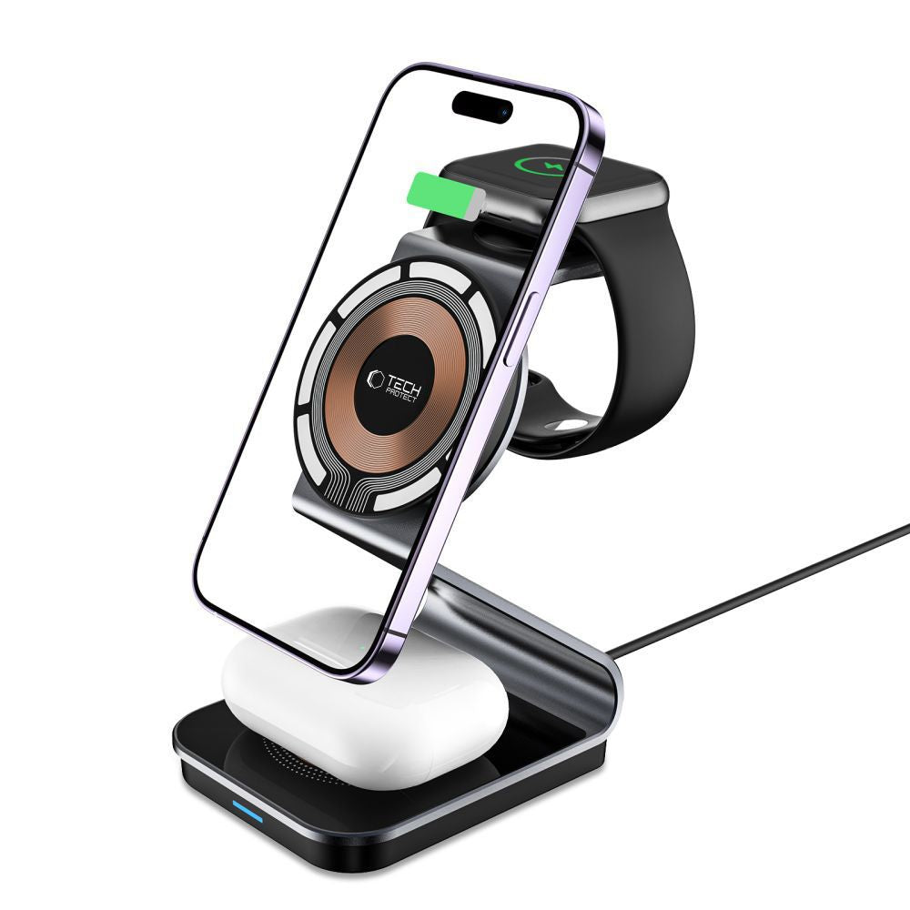 Tech-Protect QI15W-A29 3-in-1 MagSafe bezvadu lādētājs telefonam, Apple Watch un austiņām, melns