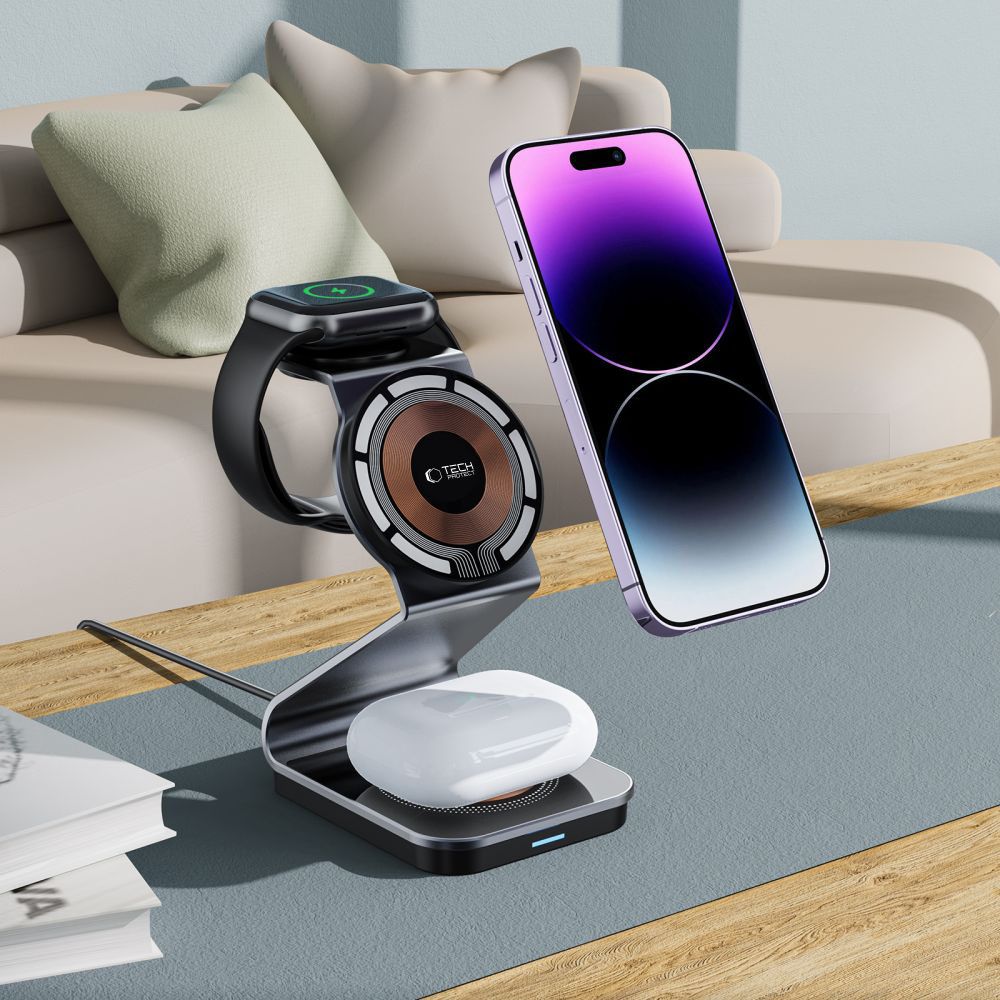 Tech-Protect QI15W-A29 3-in-1 MagSafe bezvadu lādētājs telefonam, Apple Watch un austiņām, melns