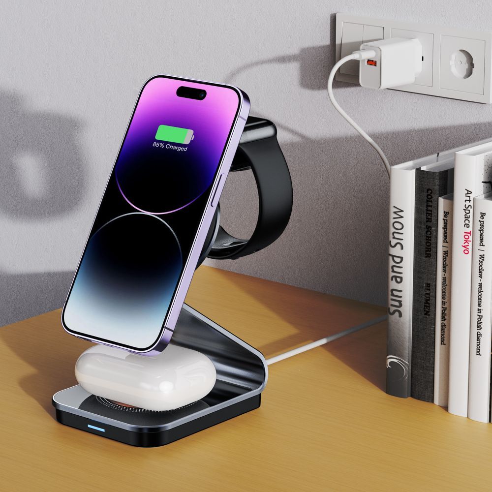 Tech-Protect QI15W-A29 3-in-1 MagSafe bezvadu lādētājs telefonam, Apple Watch un austiņām, melns
