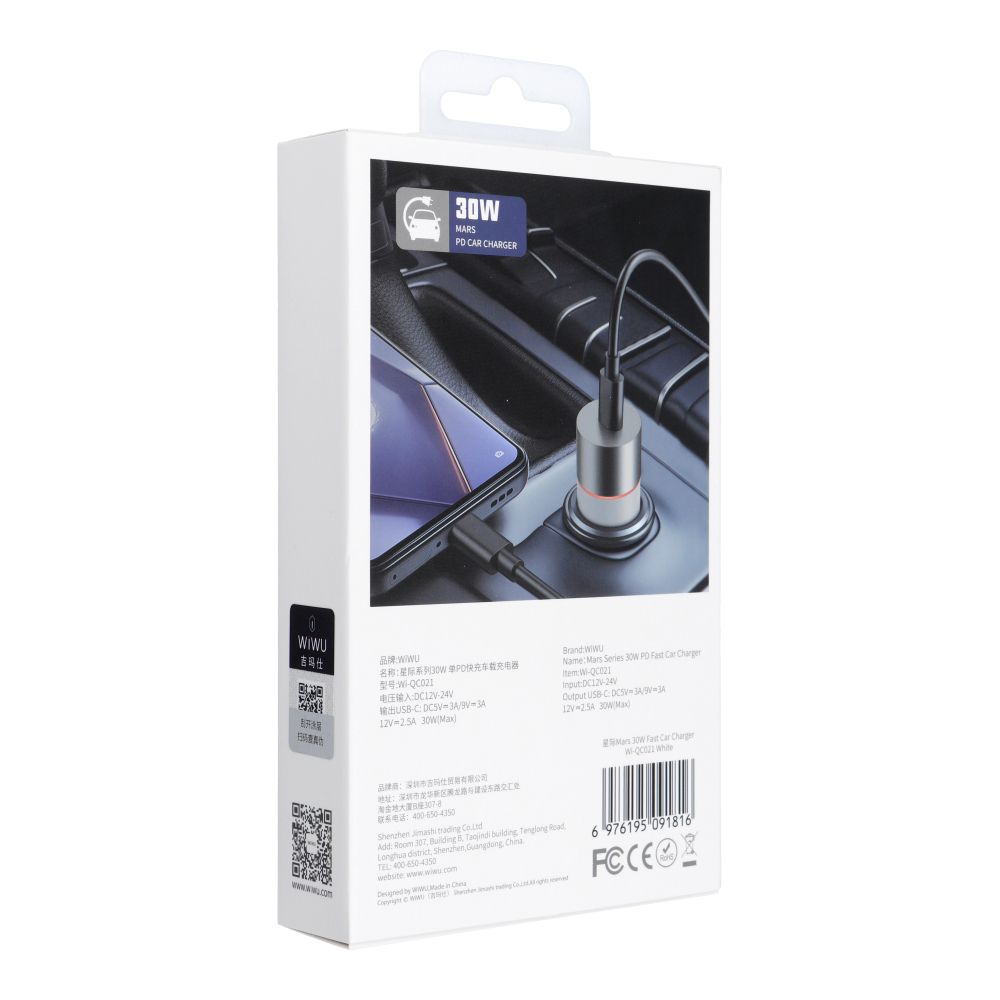 WiWU - Car Charger Mars Series Wi-QC021 30W PD+QC 1xUSB C - white — attēls 2