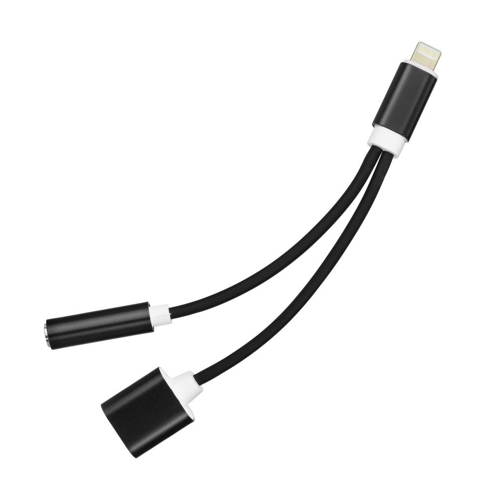 Adapteris Adapter AUX 2in1 Lightning (male) to Lightning (female) / Jack 3,5 mm (female) black