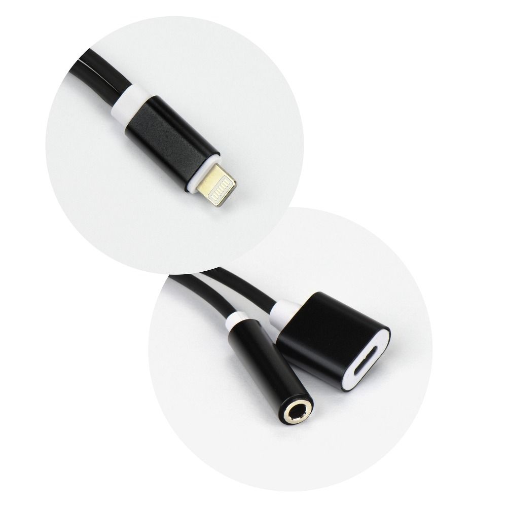 Adapteris Adapter AUX 2in1 Lightning (male) to Lightning (female) / Jack 3,5 mm (female) black — attēls 2