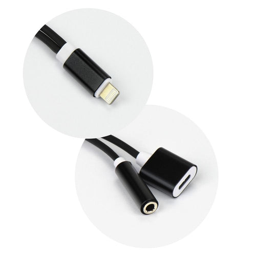 Adapteris Adapter AUX 2in1 Lightning (male) to Lightning (female) / Jack 3,5 mm (female) black — attēls 2