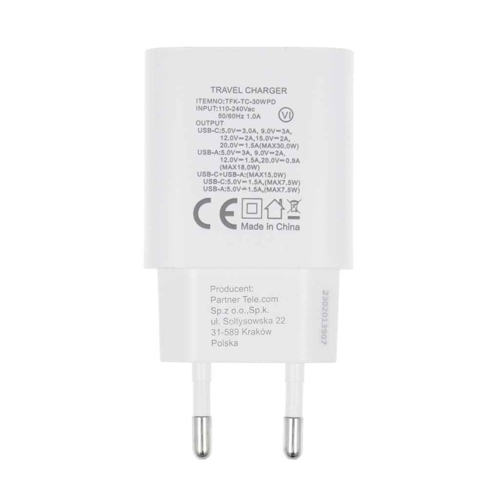 Uzlādes adapteris FORCELL F-ENERGY TFK-TC-30WPD travel charger Type C + USB A PD QC4.0 3A 30W white — attēls 4