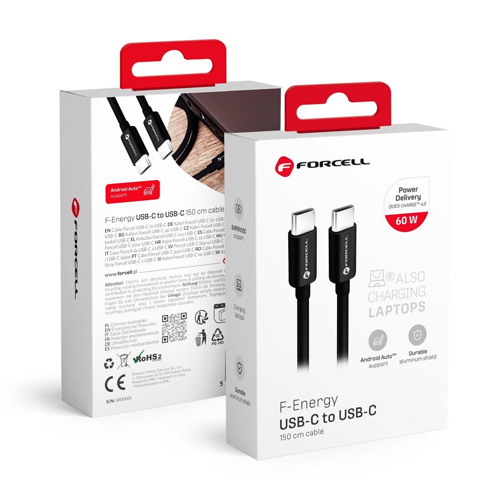 Kabelis FORCELL F-ENERGY C338 cable Type C to Type C PD QC4.0 3A 60W 1,5 m black