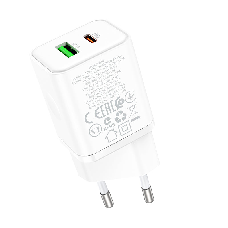 Uzlādes adapteris Borofone Wall charger BN7 - USB + Type C - QC 3.0 PD 20W white — attēls 4