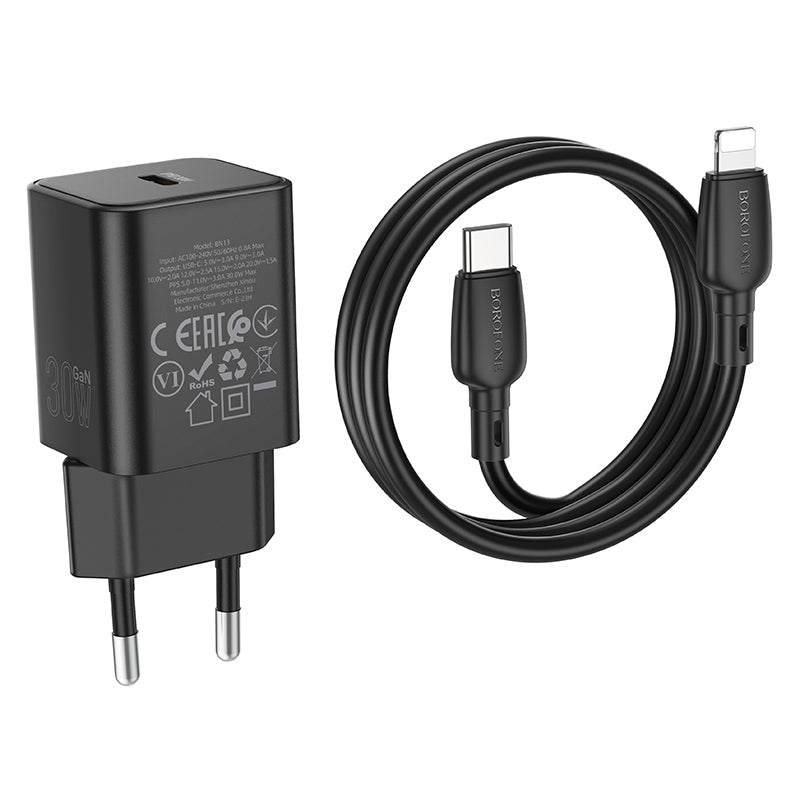 Uzlādes adapteris Borofone Wall charger BN13 Safety GaN - Type C - PD 30W with Type C to Lightning cable black — attēls 3