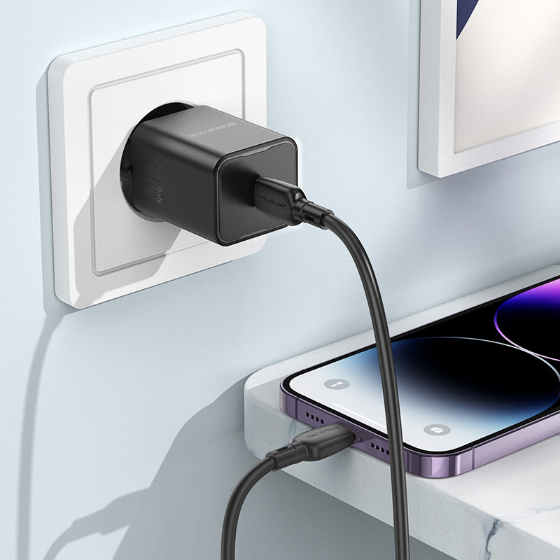Uzlādes adapteris Borofone Wall charger BN13 Safety GaN - Type C - PD 30W with Type C to Lightning cable black — attēls 4