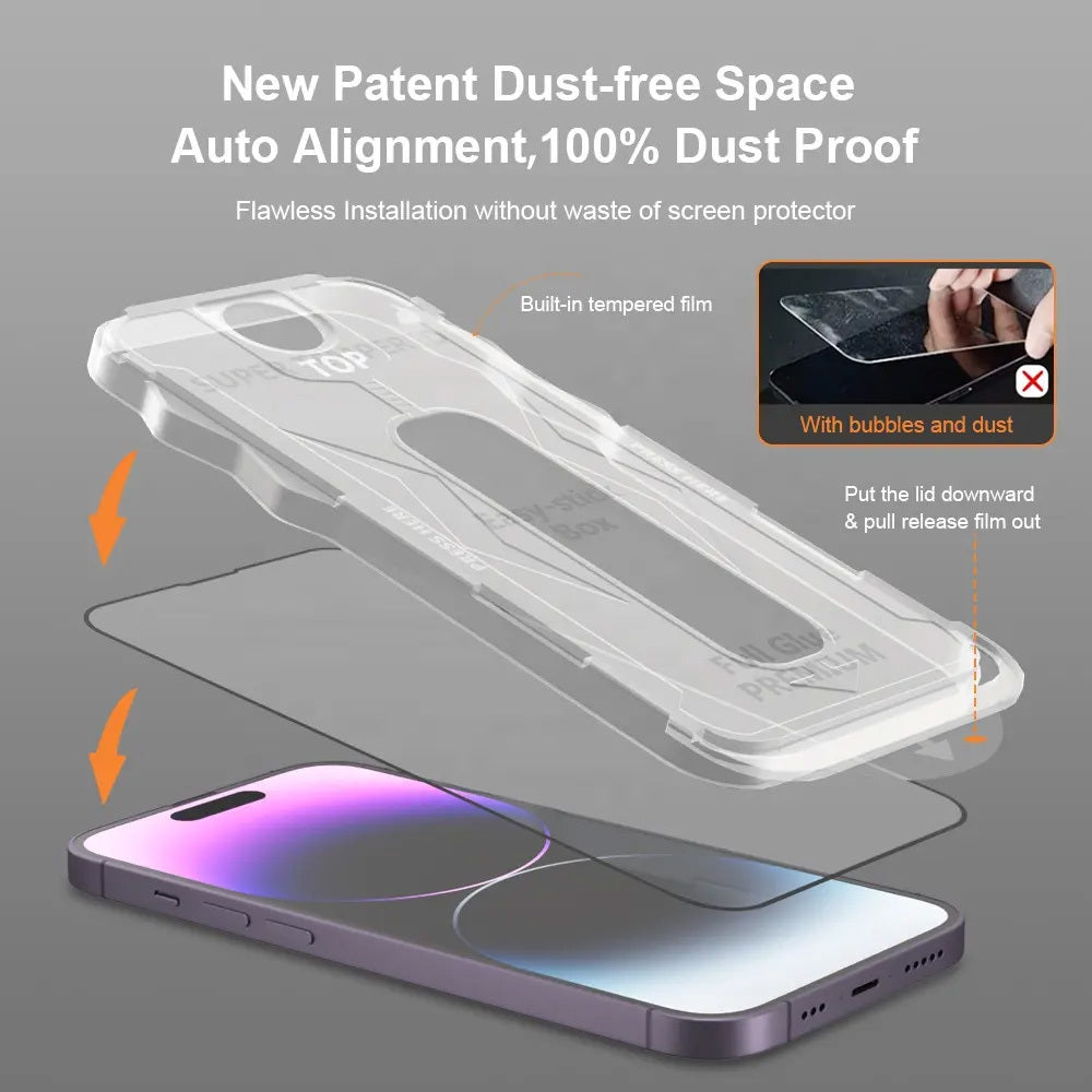Aizsargstikls iPhone 15 – Full Glue Easy-Stick Box, melns — attēls 4
