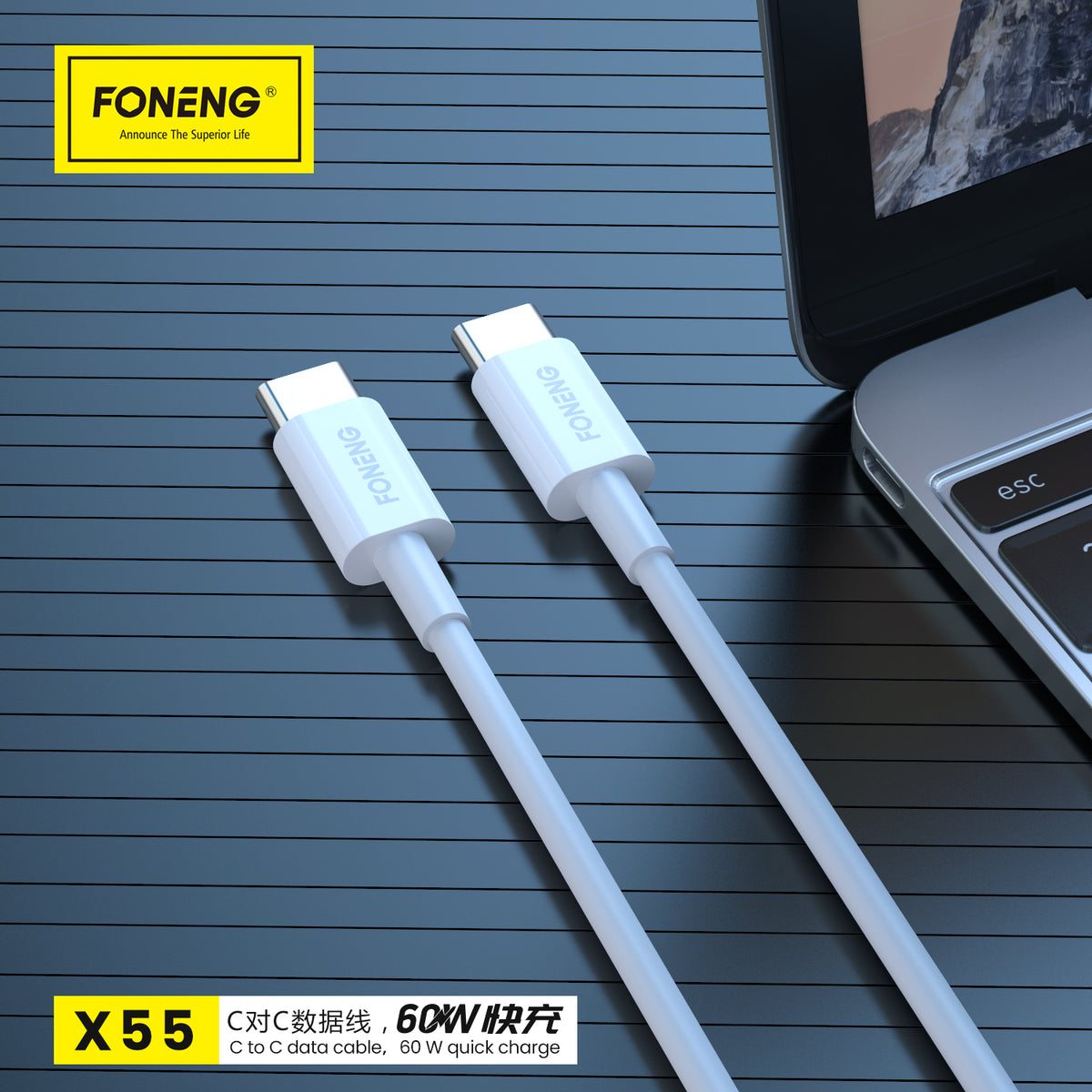 Kabelis Foneng Cable X55 - Type C to Type C - PD 60W 2 metres white — attēls 4