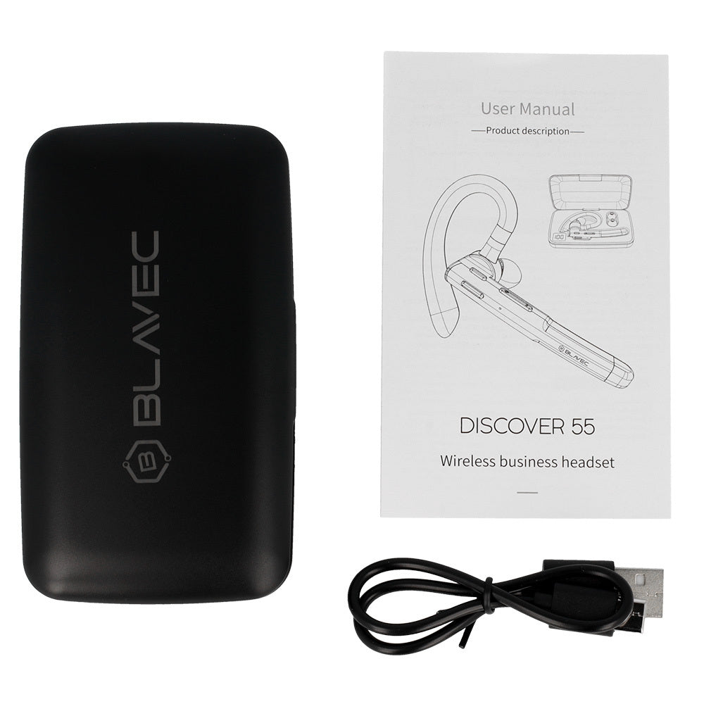 Bluetooth brīvroku austiņa Blavec Discover 55 Multipoint ar 500 mAh uzlādes futrāli, melna