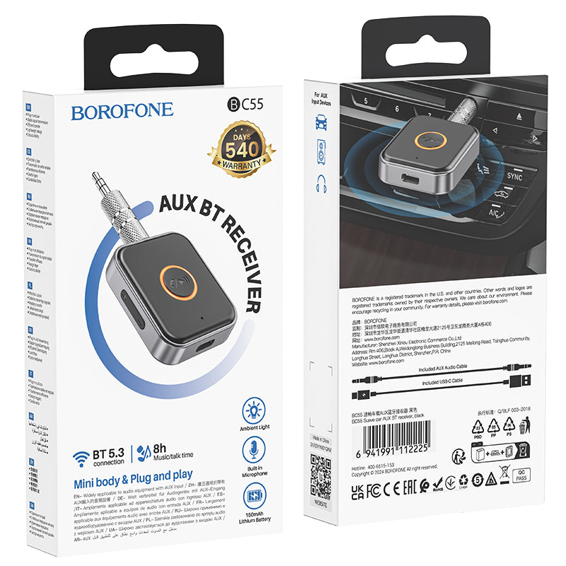 Borofone BC55 Suave Bluetooth AUX audio uztvērējs, melns