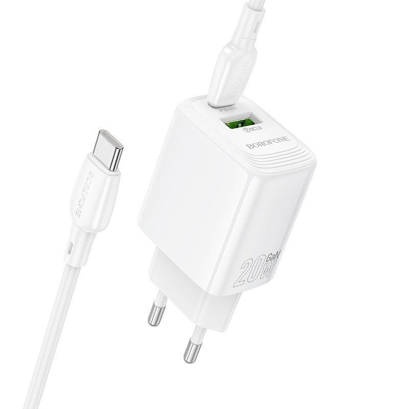 Uzlādes adapteris Borofone Wall charger BN27 Fuente - USB + Type C - QC 3.0 PD 20W with Type C to Type C cable white — attēls 2
