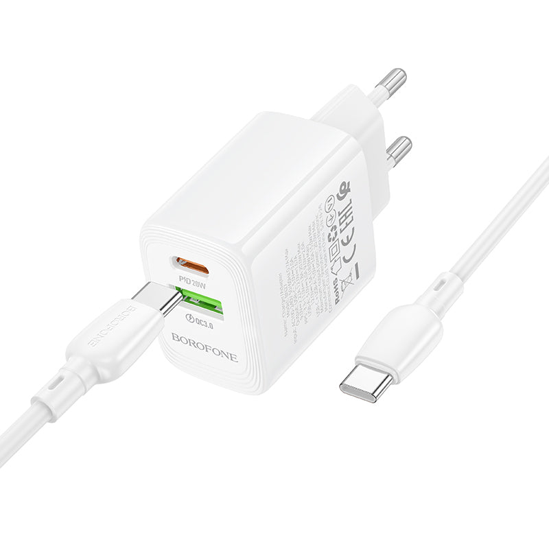 Uzlādes adapteris Borofone Wall charger BN27 Fuente - USB + Type C - QC 3.0 PD 20W with Type C to Type C cable white — attēls 3