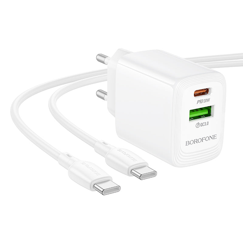 Uzlādes adapteris Borofone Wall charger BN27 Fuente - USB + Type C - QC 3.0 PD 20W with Type C to Type C cable white — attēls 4