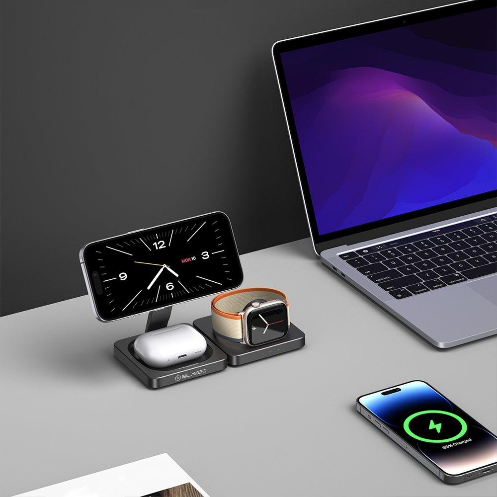 Blavec Induction charger BQI-02 Qi 15W magnetic Magsafe 3 in 1 Apple/Samsung Watch (BQI02-QIMB) black — attēls 3