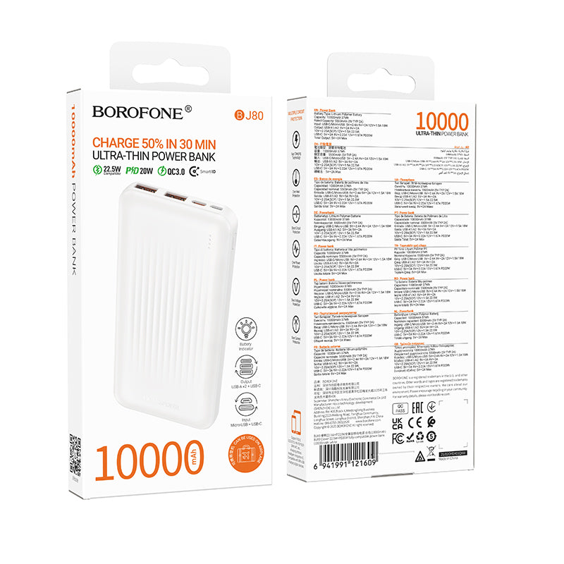 Ārējais akumulators Borofone Power Bank 10000mAh BJ80 Clever - 2xUSB + Type C - QC 3.0 22,5W PD 20W white — attēls 4