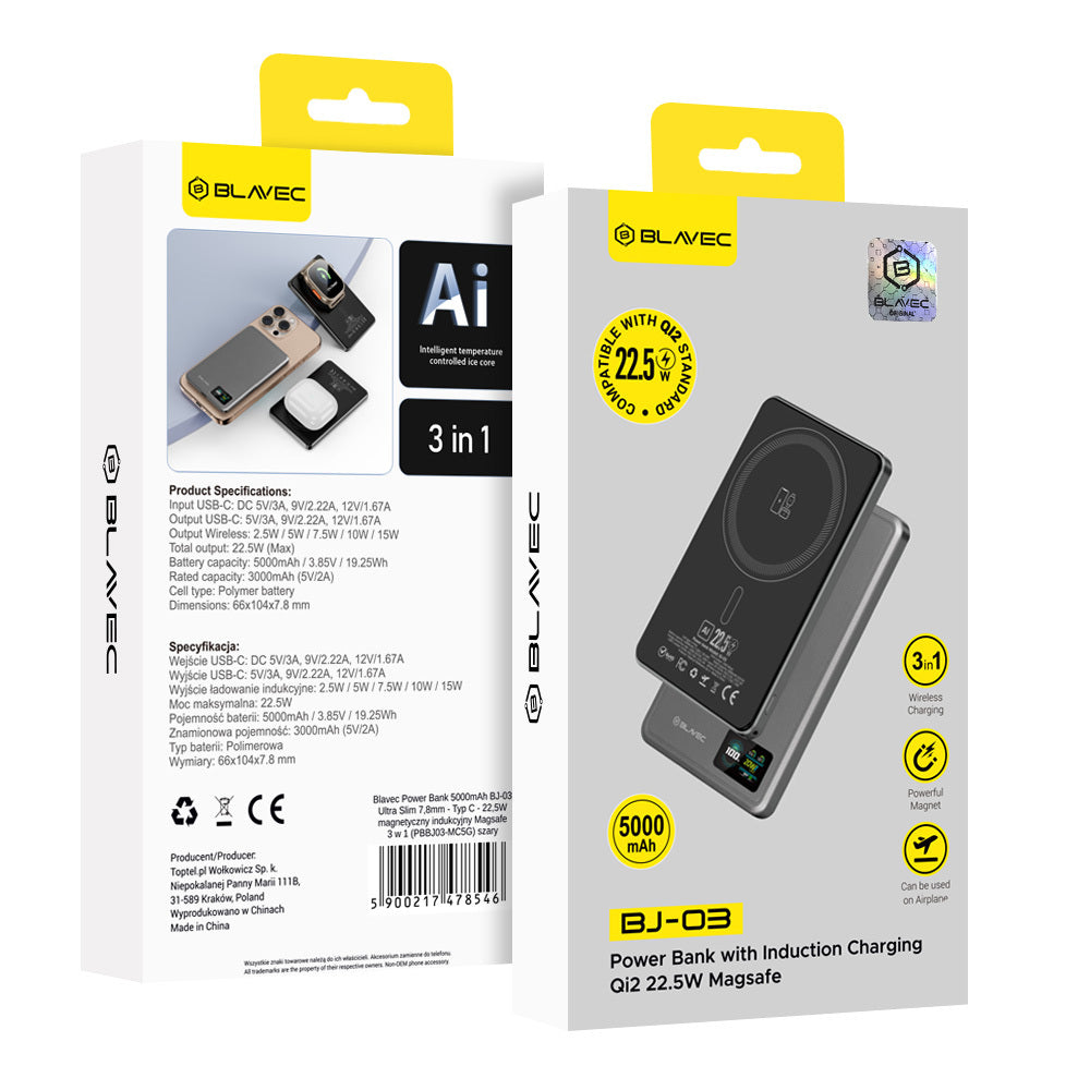 Ārējais akumulators Blavec BJ-03 5000 mAh, 22,5 W, MagSafe 3-in-1, pelēks alumīnijs