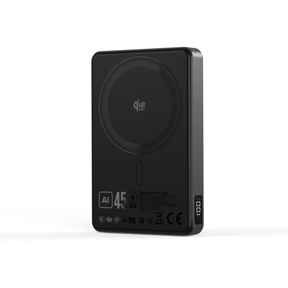 Ārējais akumulators Blavec BJ-05 10000 mAh, Qi2.2 25 W / PD 45 W, MagSafe, melns alumīnijs