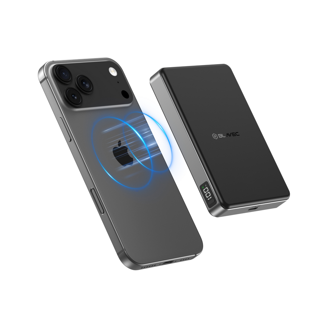 Ārējais akumulators Blavec BJ-05 10000 mAh, Qi2.2 25 W / PD 45 W, MagSafe, melns alumīnijs