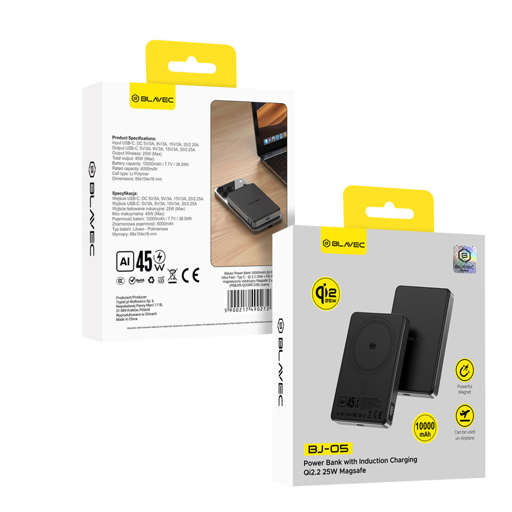Ārējais akumulators Blavec BJ-05 10000 mAh, Qi2.2 25 W / PD 45 W, MagSafe, melns alumīnijs